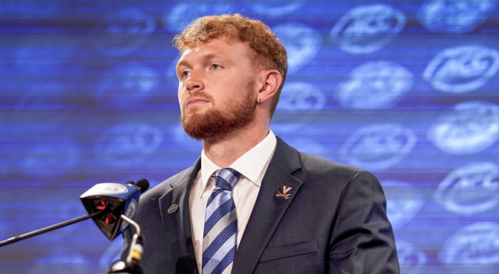 Virginia quarterback Brennan Armstrong talks to the media during the second day of ACC Media Days at the Westin Hotel in Charlotte, NC.